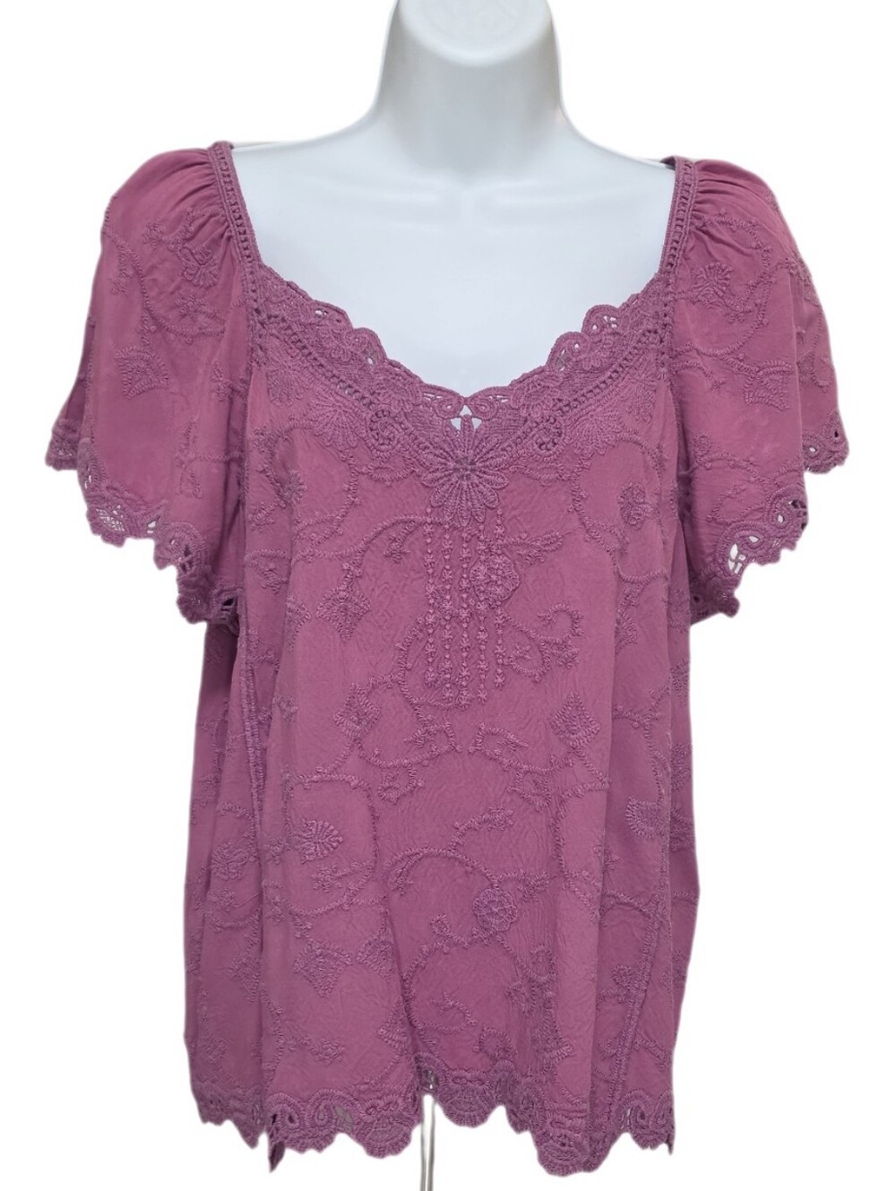 Democracy Lace Crochet Trim Embroidered Boho Woven Top Flutter Sleeves Pink M